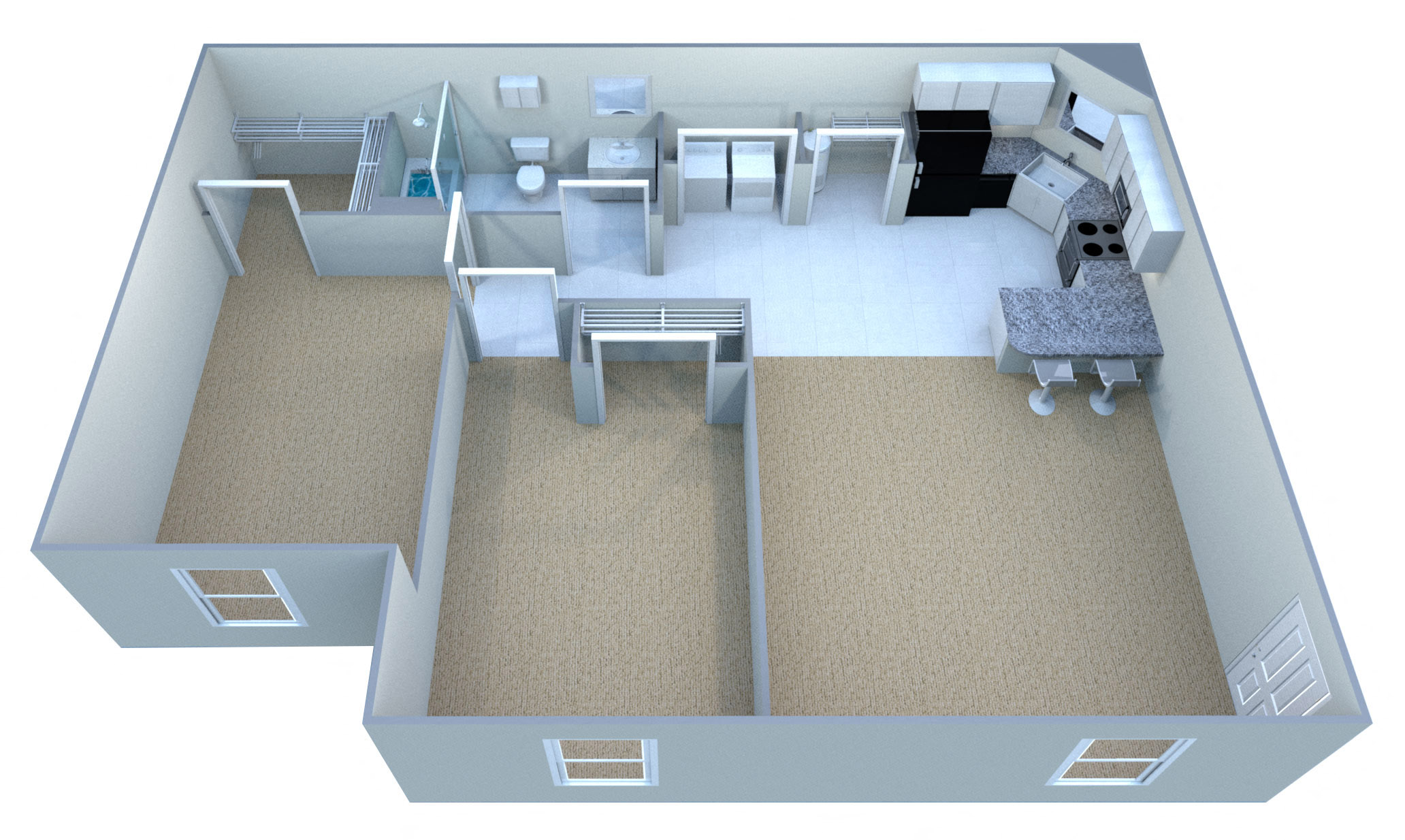 Floor plan for 2 beds, 1 bath, 889 sqft